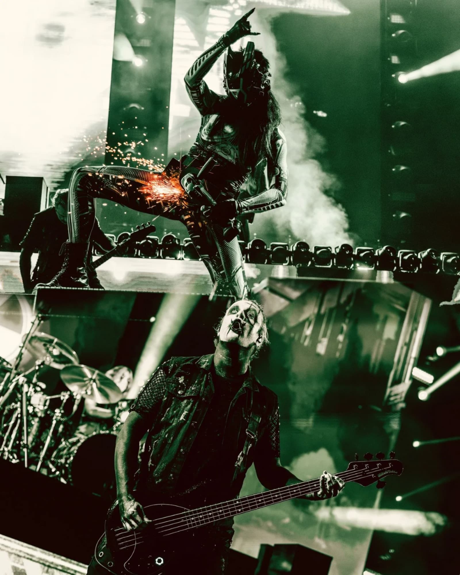 Motionless in White guitarist with fire and smoke